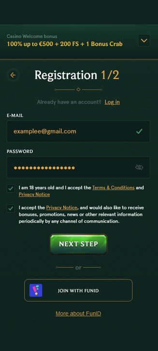 Processus d'inscription de Casinia sur mobile