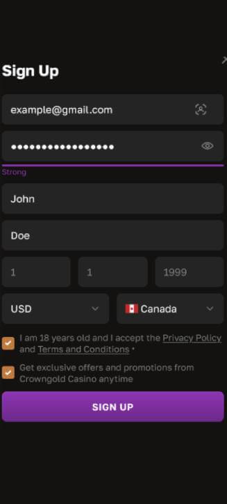 Processus d'inscription de CrownGold sur mobile